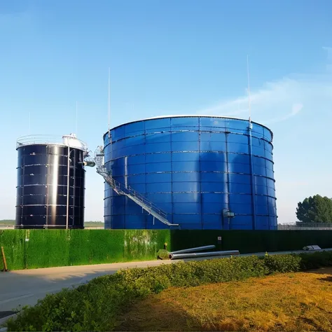 there are two large blue tanks sitting next to each other, watertank, a huge glass tank, water reservoir, silo, biroremediation plant, full - view, zaun, description, by Wen Boren, by Werner Gutzeit, helmond, tanks, tank, by Randy Post, myllypuro water tow...