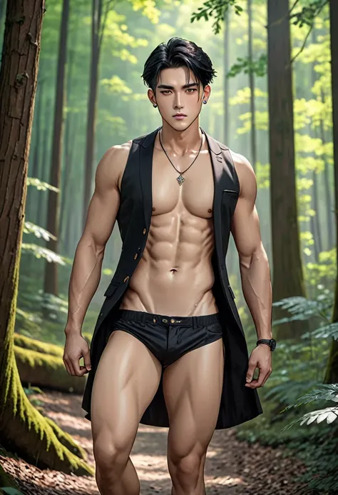 (best quality,8K,masterpiece:1.3),full body,sharp focus:1.2,exceptional style:1.4,chiseled abs:1.2,(black hair,big:1.2),black vest,highly detailed facial and skin texture,detailed eyes,double eyelids, full body naked, wearing ((Thong)), handsome with open ...