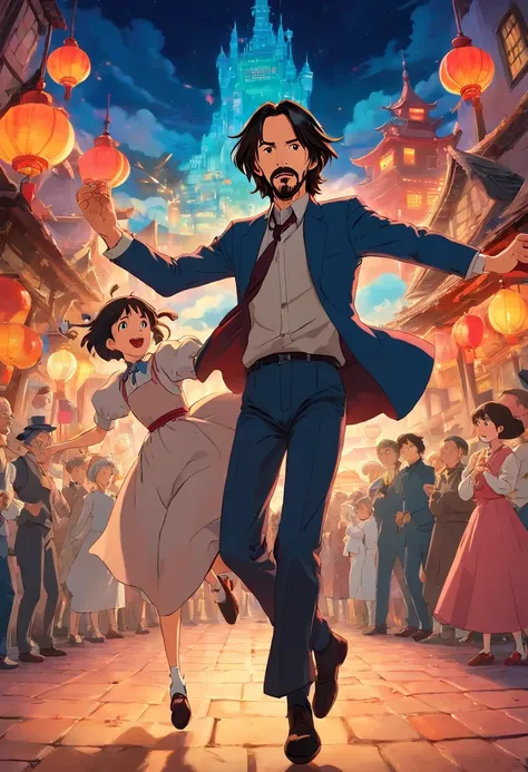 John Wick dancing in "howls moving castle",at china,Directed by Hayao Miyazaki,Studio Ghibli production,Starring Keanu Reeves,