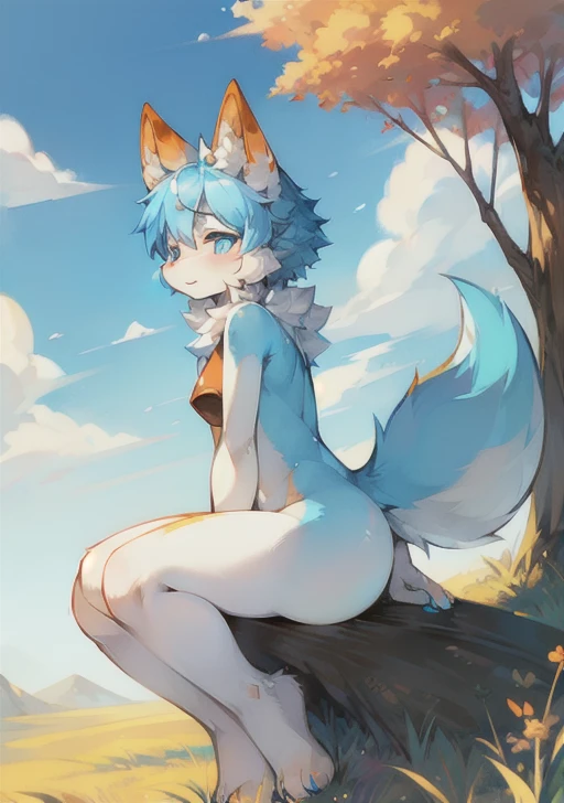 Fluffy, Lovely, woman, Blue fur, Small amount of orange fur, Light blue pupils, Pure white ears，Ear tip orange，Sky blue tail, Tail tip orange, Good shape, Bright sky, cloud, grassland, Solitary, 在grassland上，Sitting