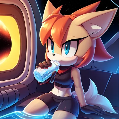 score_9, score_8_up, score_7_up, 1girl, fay, furry, in spaceship, drinking, water bottle