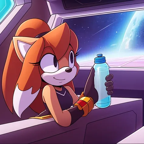 score_9, score_8_up, score_7_up, 1girl, fay, furry, in spaceship, drinking, water bottle