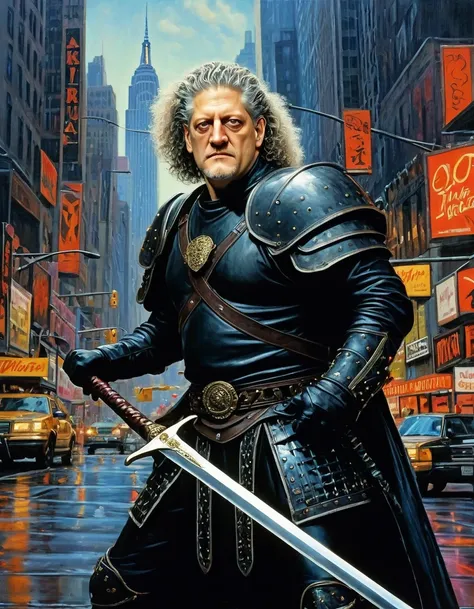 26 years old Clancy Brown as Victor Kurgan the Immortal Highlander from Caucasian Kurgans, 80s punk rock star hair style, stands in a middle of New York City with his gigantic long sword waiting for someone to come, ultra sharp and crisp, oil on canvas pai...