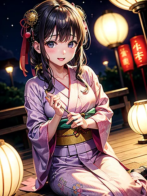 High resolution, highest quality,Hakata yukata、Yukata taken half、Lying Girl、Embarrassing、Deserted park at night、