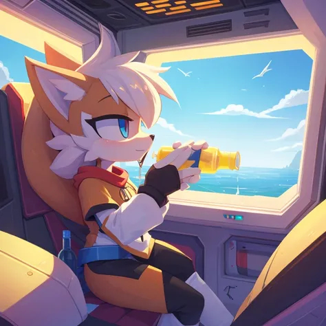 score_9, score_8_up, score_7_up, 1girl, fay, furry, in spaceship, drinking, water bottle