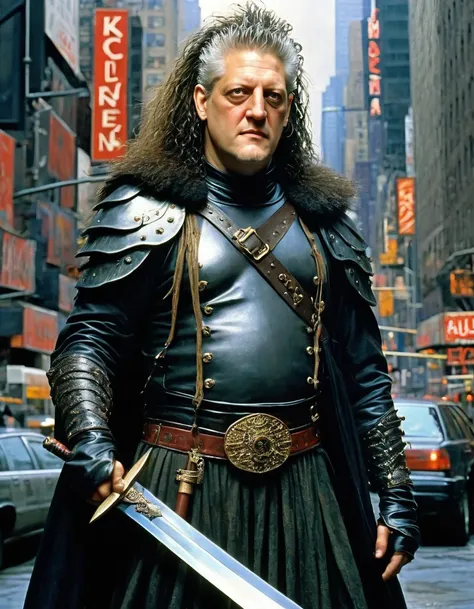 ((26 years old Clancy Brown))as Victor Kurgan the Immortal Highlander from Caucasian Kurgans, 80s mohawk punk rock star hair style, stands in a middle of New York City with his gigantic long sword waiting for someone to come, ultra sharp and crisp, oil on ...