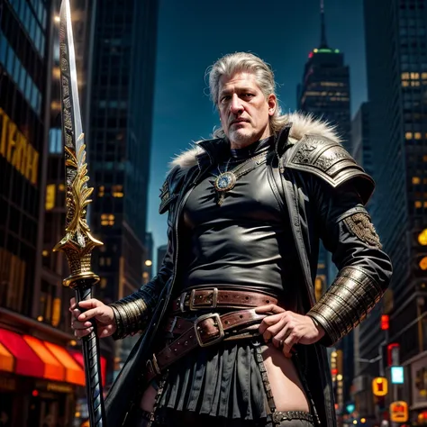 ((26 years old Clancy Brown))as Victor Kurgan the Immortal Highlander from Caucasian Kurgans, 80s mohawk punk rock star hair style, stands in a middle of New York City with his gigantic long sword waiting for someone to come, ultra sharp and crisp, oil on ...