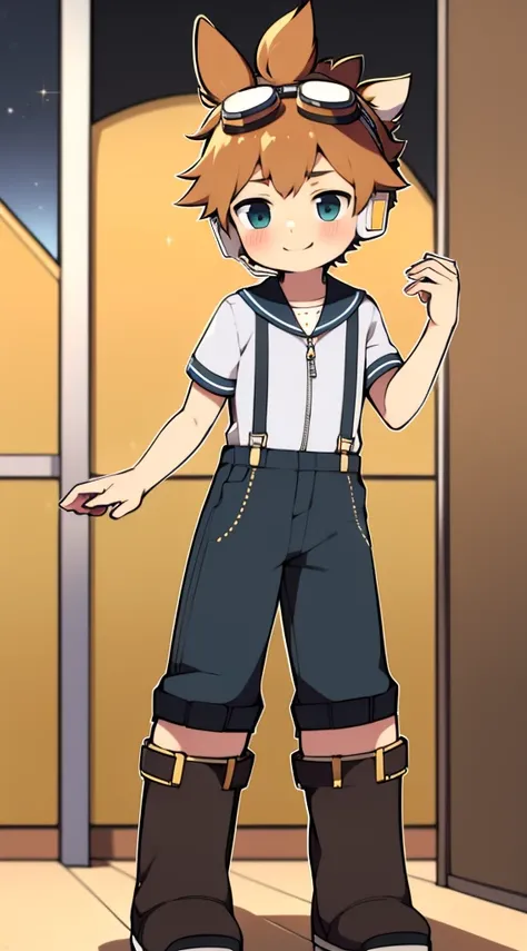 2D Boy Shota，Overalls，Slim, healthy body，Put the headphones on your head，stand up，goggles，Rabbit ears，happy，Sailor collar，tie，Zipper pulled down，boots，Charming