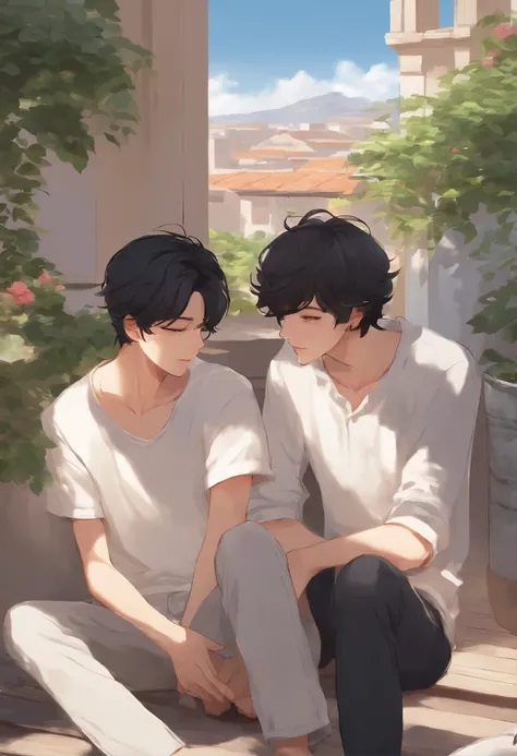 two boys are sitting on the rooftop, he has short black hair a little long wavy, tan skin, beautiful face, 15 years old boy. his bf has handsome face, look hot, white skin anime version, black hair