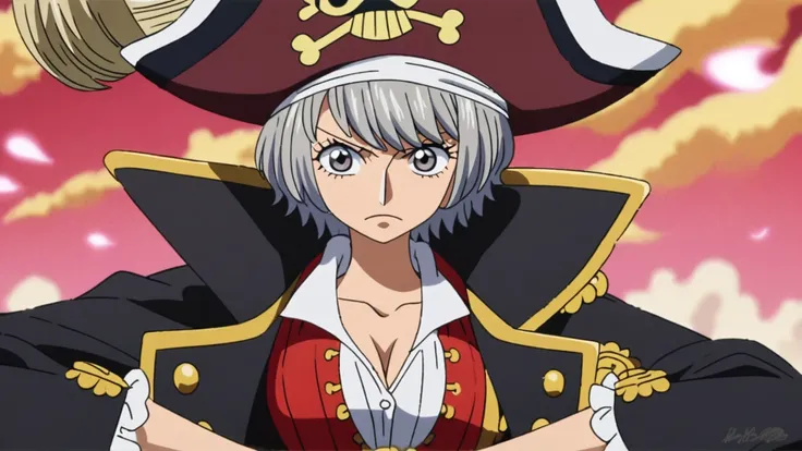 1Female(Grey short hair,Pirate Uniform,Pirate hat) One Piece style,Anime Style