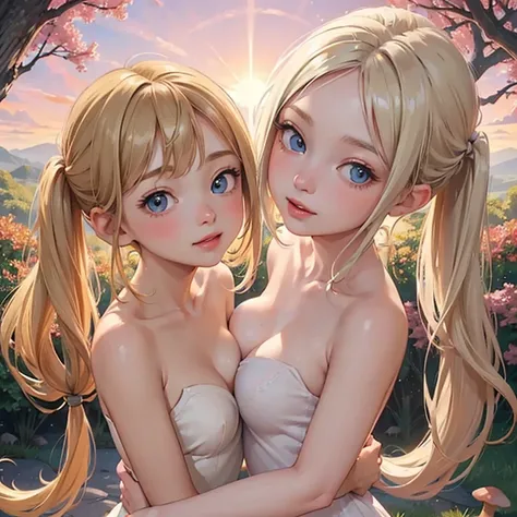 (masterpiece, best quality:1.4), (8K), Young blonde beauty, (((2 short girls in love, 18 years old, neat girl))), detailed blue eyes, long eyelashes, blush, kind smile, horny, upper body, topless, small ass, slender thin legs, vagina, (looking at viewer) (...