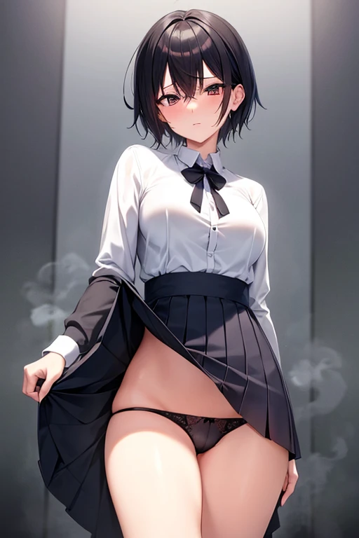 ultra detailed,anime style,1female,short hair,aroused,(steam:1.1),(wet:0.8),skirt lift,show off panties,beatiful detailed 5 fingers