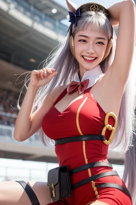 (masterpiece, best quality:1.2), solo, 1girl, umpdgoldship, grin, looking at viewer, running, pillbox hat, v-shaped eyebrows, red dress, bow, sleeveless, white pantyhose, boots, horse tail, racetrack , sweating, big breasts, both hands raised, armpits, arm...