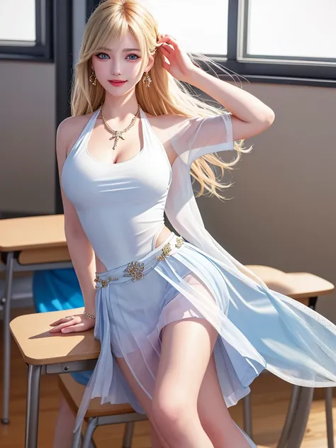 (legs open on classroom chair)), Female Teacher v6, Necklace, Earrings, Full Body V6, Long Gray Hair, Translucent Clothes, Look, Superb, Ultra High Definition, RAW Photography, Realism 1.25), (Bright Lip Gloss, Long Eyelashes, Smooth) Face, Light Bright, N...