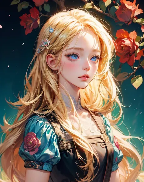 a girl with long blonde hair and ((blue eyes)) surrounded by flowers, detailed digital anime art, ross tran style, beautiful anime portrait, digital anime art, roses in her hair, beautiful anime artwork, high quality portrait, digital anime illustration, d...