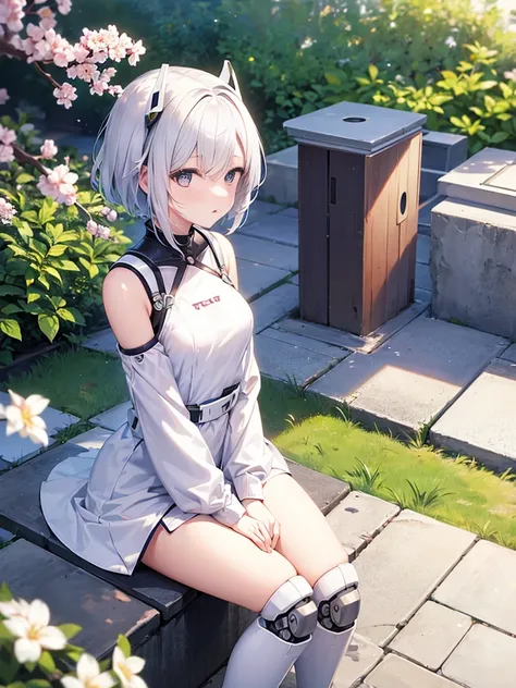 Robot girl in white clothes with white short hair under sakura