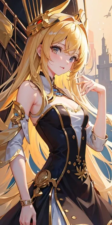 1girl,  ((masterpiece:1.4, best quality)),((masterpiece, best quality)),cute girl,, golden eyes,Mechanical skin, Mechanical ,joints,Ship Maiden,Beautiful dress,colored,Exquisite headdress