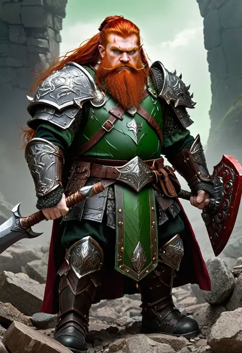 Create a dwarf with long red hair and green eyes, angry redhead with black armor with red stones with various details, make him hold axes in his hands, e em cima de uma grande montanha