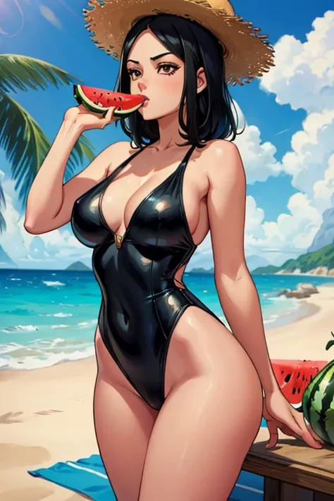 a black haired woman with brown eyes with an hourglass figure in a one piece swimsuit is eating watermelon on the beach