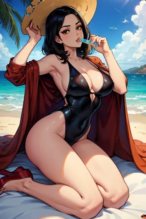 a black haired woman with brown eyes with an hourglass figure in a one piece swimsuit is drinking on a blanket at the beach