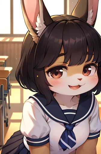 pon pon shit , from below , Hairy rabbit girl , round face , (tilt face:1.1) , (half-open wink:1.2) , moist round eyes , Swollen cheeks , dark color hair , Maternal smile , glossy lips , school sailor , middle skirt , sunny school , dark color long bushy c...