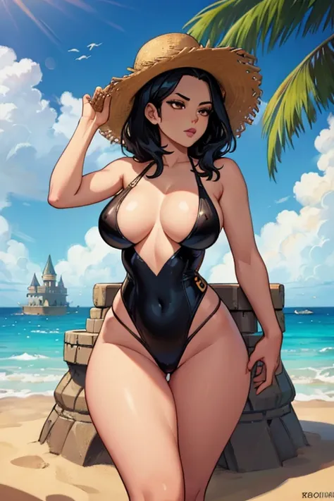 a black haired woman with brown eyes with an hourglass figure in a one piece swimsuit is building a sand castle at the beach