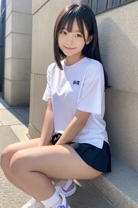 8k,masterpiece,Japanese,9-year-old girl,from the front,smile,cute,Innocent face,Innocent,Kind eyes,Childish,Plain T-shirt,Short sleeve,Short skirt with blue check,semi-long,Hair blowing in the wind,Black Hair,Somewhat strong wind,noon,bright,Sitting