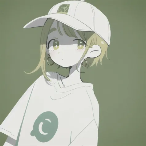 masterpiece, highest quality, one girl, aqua eye, baseball cap, blonde,  earrings, green background, have, hoop earrings, jewelr...