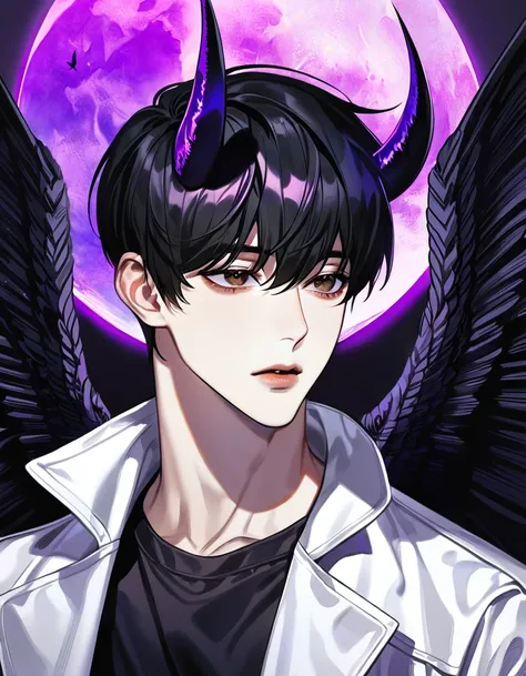 (absurdres, highres, ultra detailed, HDR) master piece, best quality, perfect face, Kim Dokja, black hair, expressive brown eyes, Omniscient readers viewpoint, solo, sexy man, handsome, white coat, black shirt, black horns, black angel wings, purple moon, ...