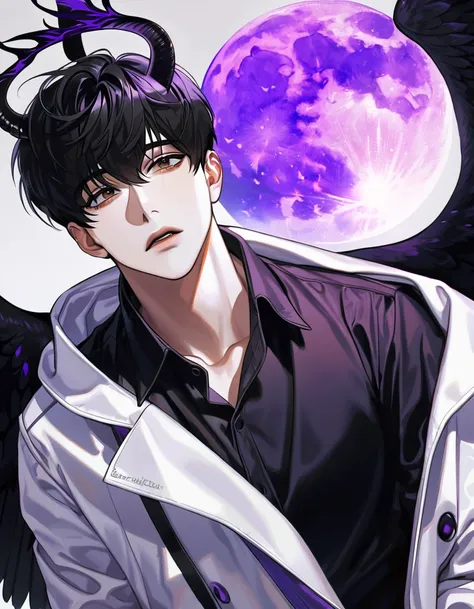 (absurdres, highres, ultra detailed, HDR) master piece, best quality, perfect face, Kim Dokja, black hair, expressive brown eyes, Omniscient readers viewpoint, solo, sexy man, handsome, white coat, black shirt, black horns, black angel wings, purple moon, ...