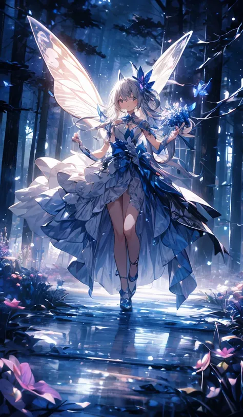 masterpiece, concept art, (highly detailed), medium shot, fairy butterfly 1girl, butterfly wings, cute, elegant, violet flowing hair, magical dress, magnum opuutterfly:1.5) flying surrounding her, mythical forest, bathed in ethereal moonlight, serenity, (e...