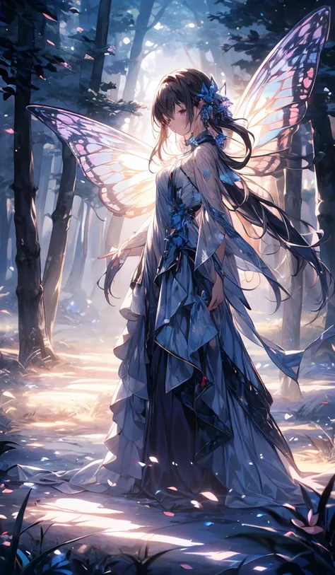 masterpiece, concept art, (highly detailed), medium shot, fairy butterfly 1girl, butterfly wings, cute, elegant, violet flowing hair, magical dress, magnum opuutterfly:1.5) flying surrounding her, mythical forest, bathed in ethereal moonlight, serenity, (e...