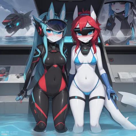 ((best quality, Masterpiece, perfect anatomy, Detailed pictures)), 1 female, arctic protogen, shark girl, Long visor, blue visor, blue eyes, sexy body, Big Pong, Bust 82, Waist 56, Thigh 83, Futuristic military black bikini clothing, Shark tail, The body i...