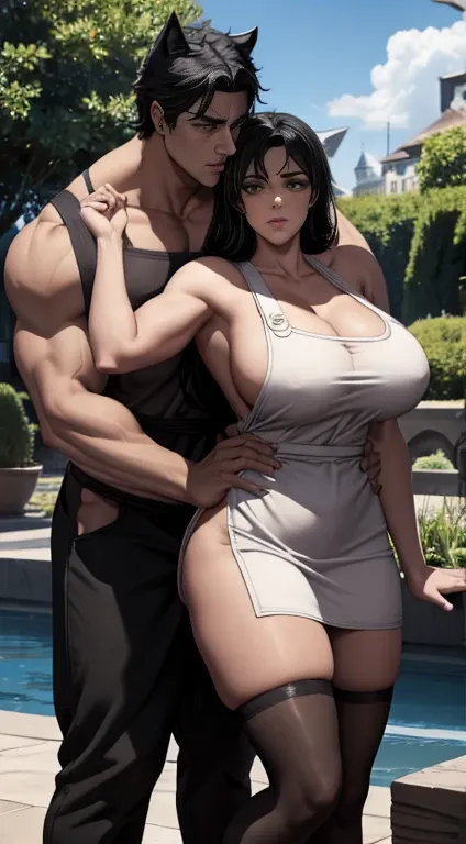 A couple together, A giant wolf with wolf eyes and muscular physiques wolf and abs and black skinned wolf, human sized wolf, hugging that woman from behind and kissing her neck, a beautiful woman, Long black hair , ( white apron ), nig breast, thigh legs, ...