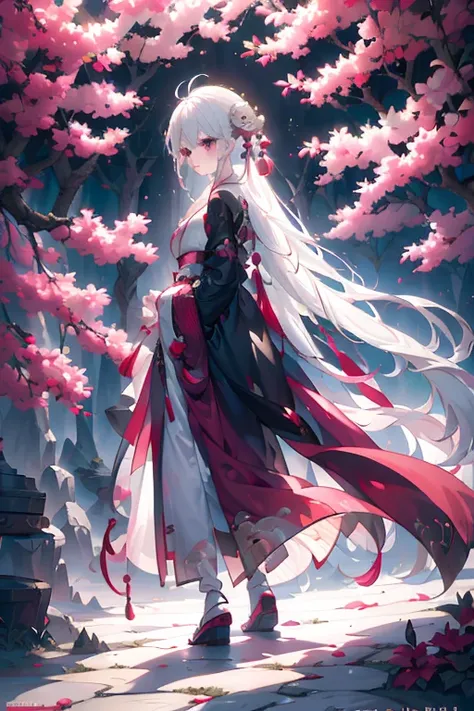 Anime drawing: A Japanese woman with pale, somber eyes gazes intently at the forest before her. Her long, cascading white hair falls down her back, framing her figure as she stands proudly in her large white yukata. The scene unfolds in third person view, ...