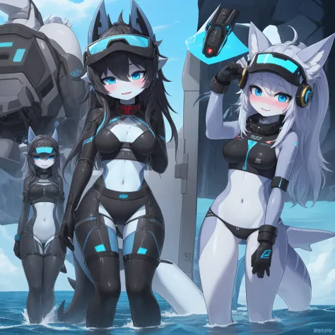 ((best quality, Masterpiece, perfect anatomy, Detailed pictures)), 1 female, arctic protogen, shark girl, Long visor, blue visor, blue eyes, sexy body, Big Pong, Bust 82, Waist 56, Thigh 83, Futuristic military black bikini clothing, Shark tail, The body i...