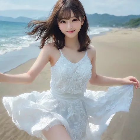 Photo-realistic quality、A woman in her 50s running on the beach in a white dress, Young and cute gravure idol, Japanese Model, Cute smile, Cute Core, Young Gravure Idol, realistic Young Gravure Idol,cute beautiful、looking at the camera、Detailed and beautif...