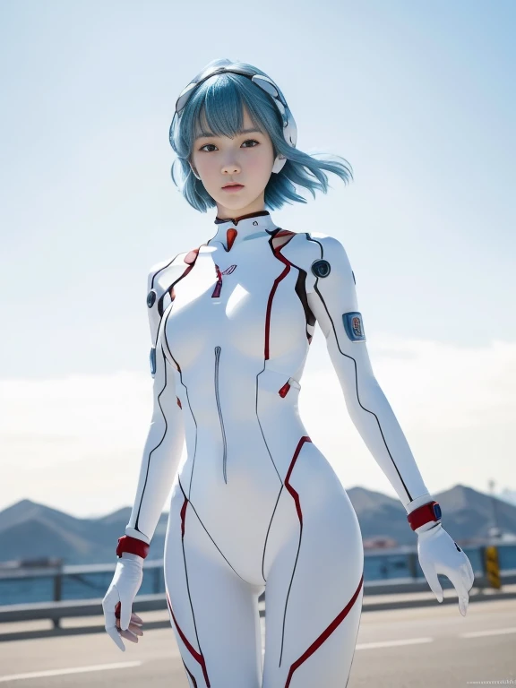 ayanami rei, real full body photography, reality girls, real women, blue hair, hair blowing in a strong wind, smooth hair, highl...