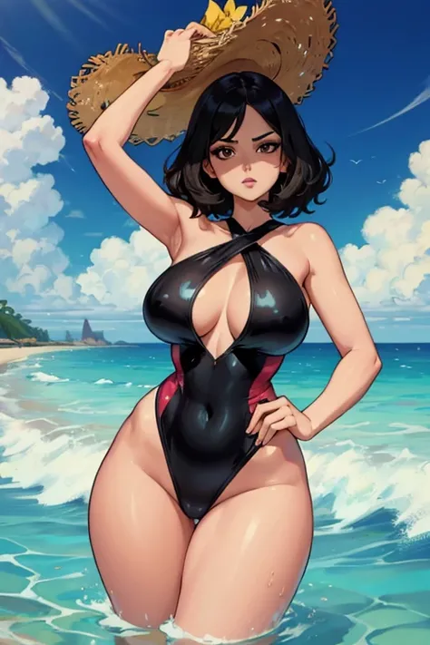 a black haired woman with brown eyes with an hourglass figure in a one piece swimsuit is swimming in the beach