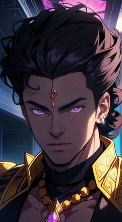 Dark skin man, glowing purple eyes, powerful, curly black hair, male, anime style, 4k image, looking up, epic, cinematic, ground level shot, hot,  crystal throne room background, wearing golden jewelry, wearing shiny glowing academia outfit, insanely detai...