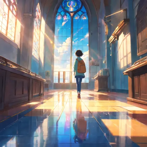 masterpiece、highest quality、Super fine、Lens flare、Spectacular views、blue sky、The floor is stained glass、One boy、Walking at a distance、sense of openness