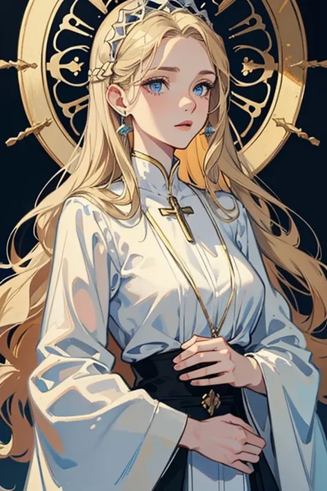 white girl about 25 years old, thin, elegant and beautiful clothes, with crucifix details, crucifix earrings, blind blue eyes, in a European mansion, long wavy blonde hair