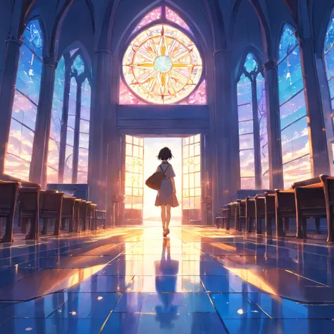 masterpiece、highest quality、Super fine、Lens flare、Spectacular views、sense of openness、blue sky、The floor is stained glass、One Man、Walking at a distance