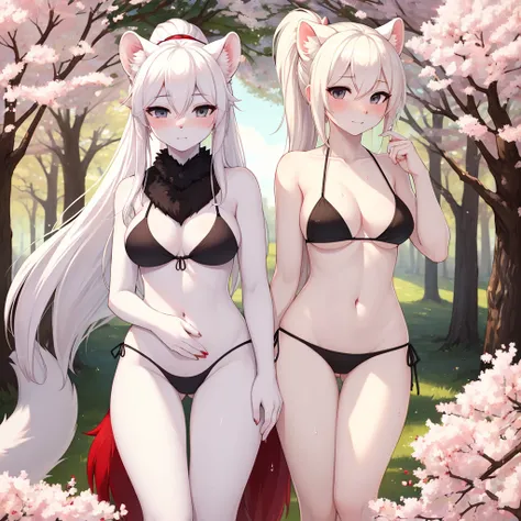 ((best quality, Masterpiece, perfect anatomy, Detailed pictures)), furry, 1 woman, arctic ferret, sexy, long white hair, ponytail, gray eyes, Shit shy, ferret tail, black bikini, red red, shy, in the cherry tree, wet, Bust 82, Waist 56, Thigh 83