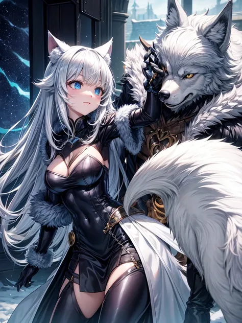 Beastman Girl、Silvery coat、Wolf Ears、Wolf&#39;s paws、Bushy Wolf Tail、Big golden eyes、Double teeth、Laugh fearlessly、Close-up、View your viewers、Rocky Mountain