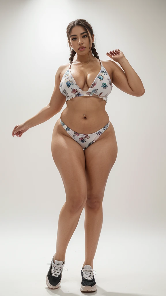 A stunning full body professional picture of a gorgeous curvaceous Mexican ample female bombshell with a perfect hourglass-figured body with dark double dutch braids standing tall confidently against a plain pure white background, perfect abs. She dons a f...