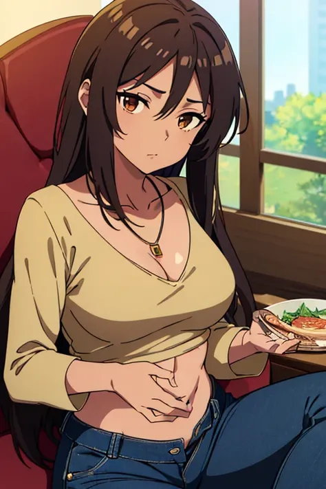 ((best quality)), ((masterpiece)), (detailed), perfect face, brown skin anime girl in a deep V Neck crossover wrap top, (jeans trousers), (necklace), famished in hunger, (gently resting hands on stomach), (long hair), (hands on her stomach)