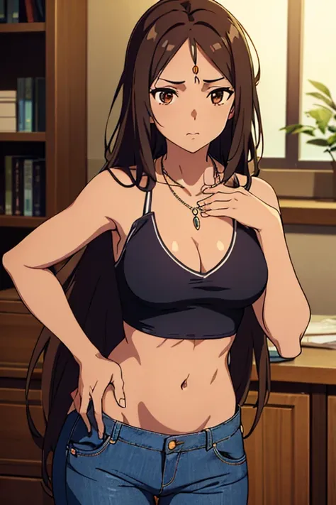 ((best quality)), ((masterpiece)), (detailed), perfect face, brown skin anime girl in a deep V Neck crossover wrap top, (jeans trousers), (necklace), famished in hunger, (gently resting hands on stomach), (long hair), (hands on her stomach)