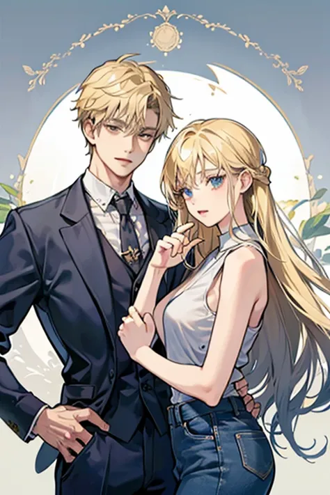 man and woman, couple, the guy is blonde hair, The woman is gray hair, man wearing suit, woman wearing tank top and short jean, Couple Pose,