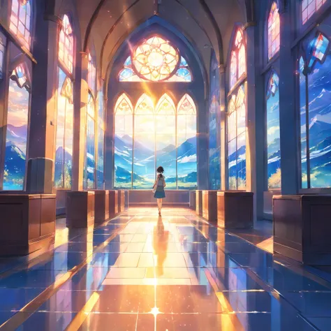 masterpiece、highest quality、Super fine、Lens flare、Spectacular views、nature、blue sky、The floor is stained glass、One 、Walking sideways at a distance